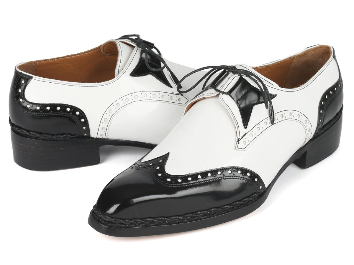 Paul Parkman Norwegian Welted Wingtip Men's Black and White Leather Custom Made Dress Shoes