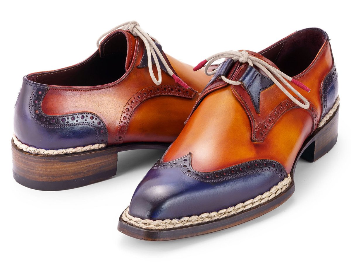Paul Parkman Norwegian Welted Wingtip Men's Dress Shoes Blue and Camel (ID8505 BLC)
