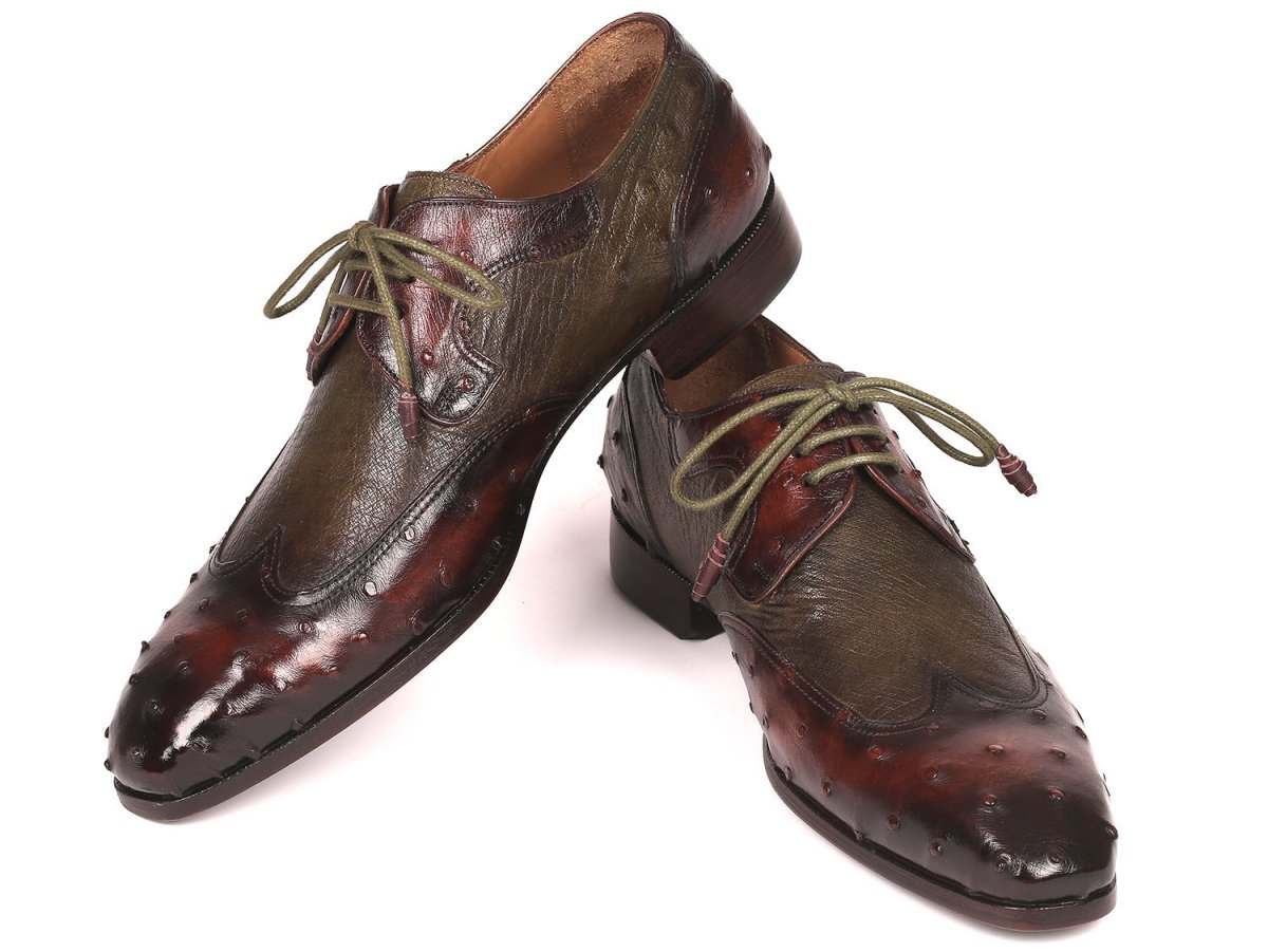 Paul Parkman Ostrich Skin Wingtip Derby Shoes Brown and Green (ID844H389)