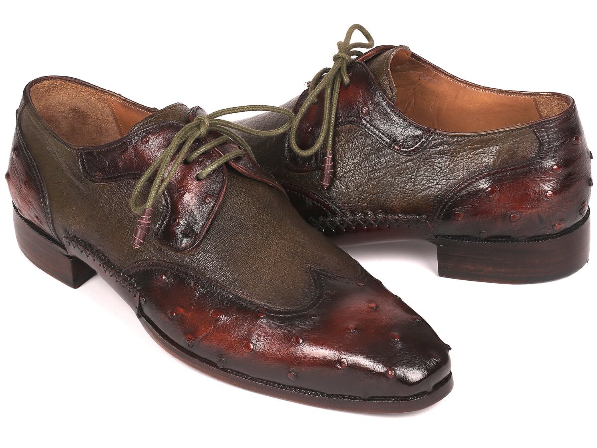 Paul Parkman Ostrich Skin Wingtip Derby Shoes Brown and Green (ID844H389)