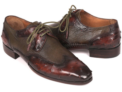 Paul Parkman Ostrich Skin Wingtip Derby Shoes Brown and Green (ID844H389)