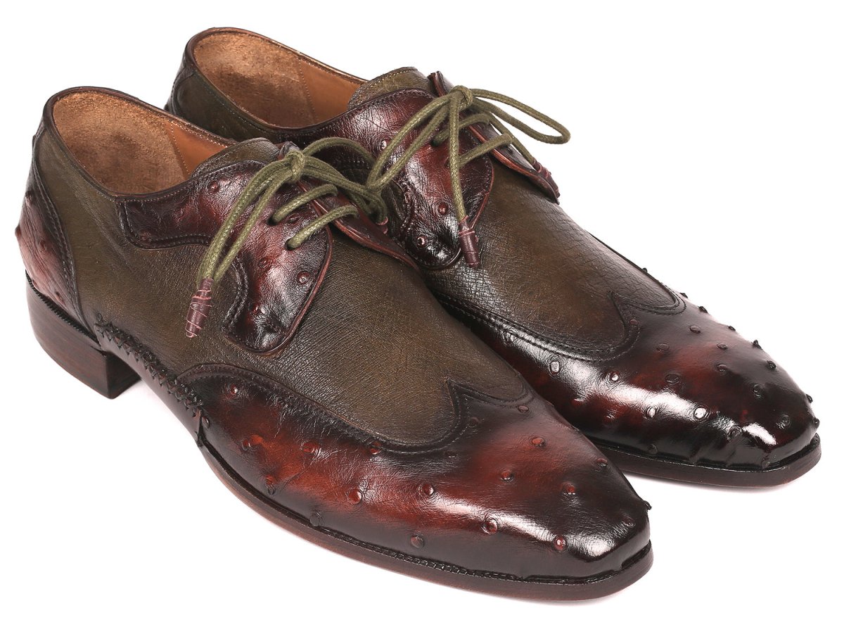Paul Parkman Ostrich Skin Wingtip Derby Shoes Brown and Green (ID844H389)