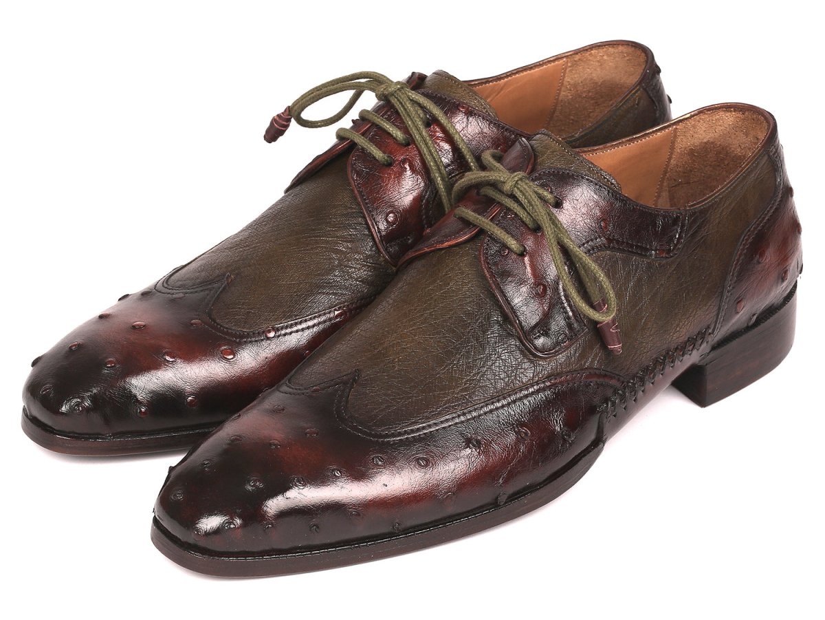 Paul Parkman Ostrich Skin Wingtip Derby Shoes Brown and Green (ID844H389)