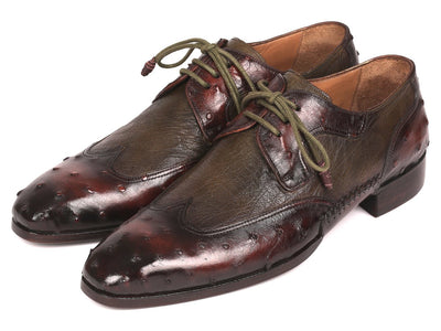 Paul Parkman Ostrich Skin Wingtip Derby Shoes Brown and Green (ID844H389)