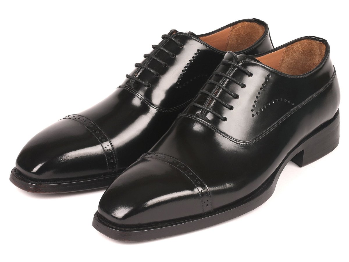 Paul Parkman Polished Leather Goodyear Welted Cap Toe Oxfords in Black