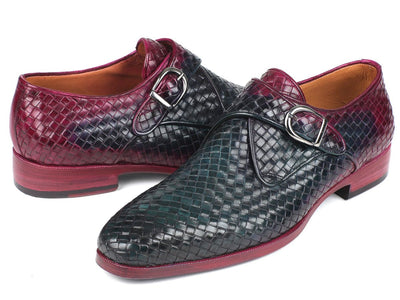 Paul Parkman Purple and Green Woven Leather Single Monkstraps (ID011WN28)