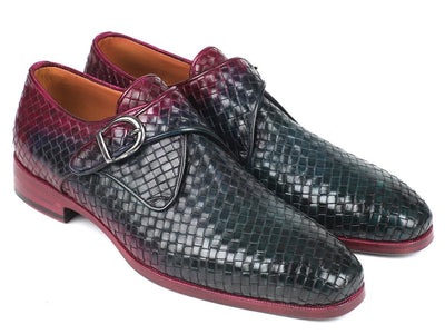 Paul Parkman Purple and Green Woven Leather Single Monkstraps (ID011WN28)