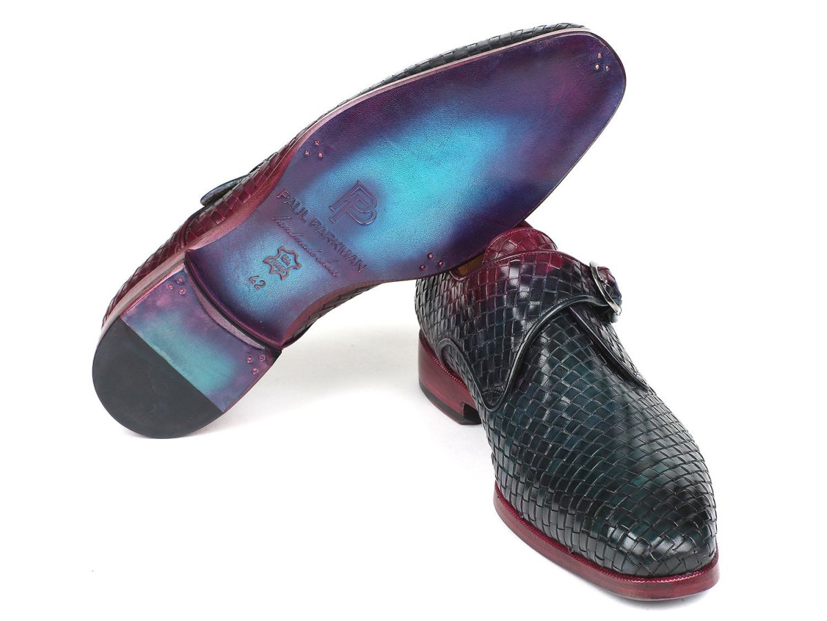 Paul Parkman Purple and Green Woven Leather Single Monkstraps (ID011WN28)