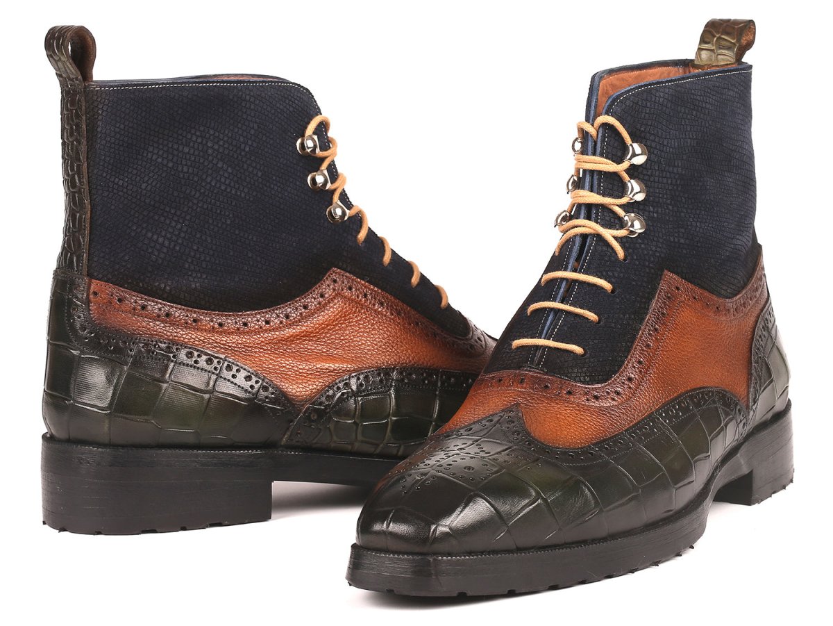 Paul Parkman Three Tone Wingtip Boots Rubber Sole (ID9735GBN)