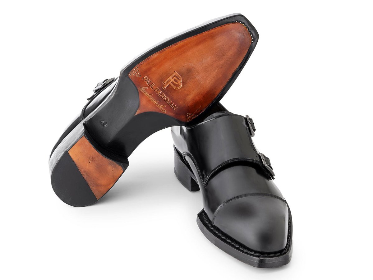 Paul Parkman Triple Leather Sole Hand Welted Cap Toe Monkstraps Black (IDLX75MNK)