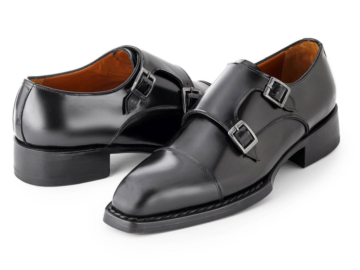 Paul Parkman Triple Leather Sole Hand Welted Cap Toe Monkstraps Black (IDLX75MNK)