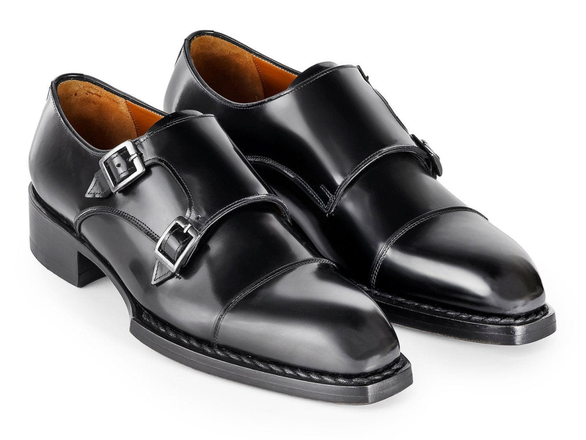 Paul Parkman Triple Leather Sole Hand Welted Cap Toe Monkstraps Black (IDLX75MNK)