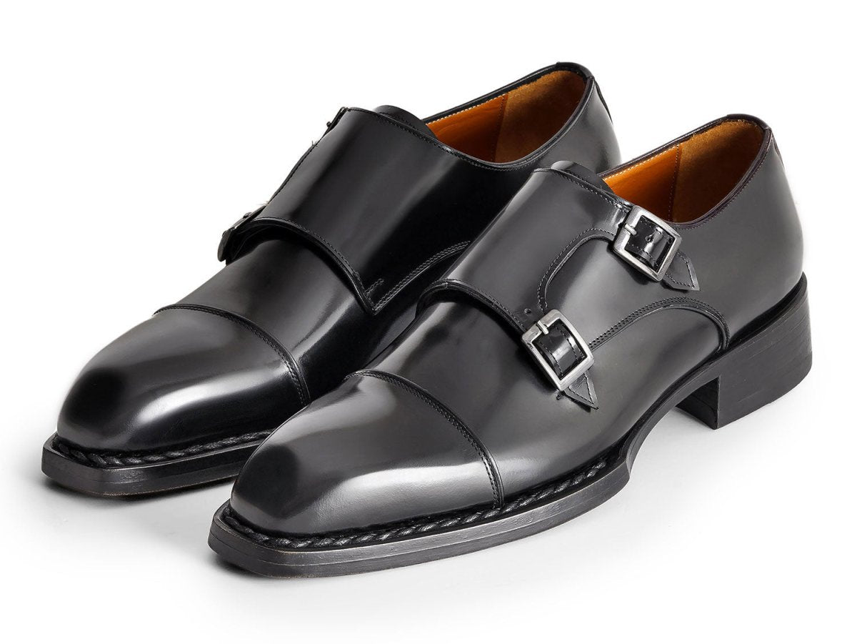Paul Parkman Triple Leather Sole Hand Welted Cap Toe Monkstraps Black (IDLX75MNK)