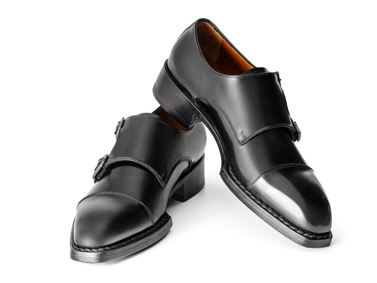 Paul Parkman Triple Leather Sole Hand Welted Cap Toe Monkstraps Black (IDLX75MNK)