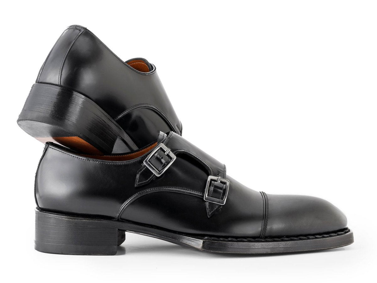 Paul Parkman Triple Leather Sole Hand Welted Cap Toe Monkstraps Black (IDLX75MNK)