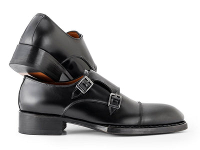 Paul Parkman Triple Leather Sole Hand Welted Cap Toe Monkstraps Black (IDLX75MNK)