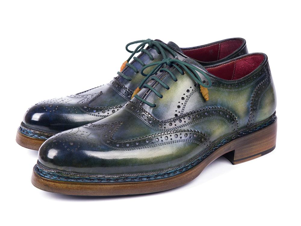 Paul Parkman Triple Leather Sole Wingtip Brogues in Green and Blue