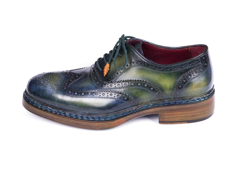Paul Parkman Triple Leather Sole Wingtip Brogues in Green and Blue
