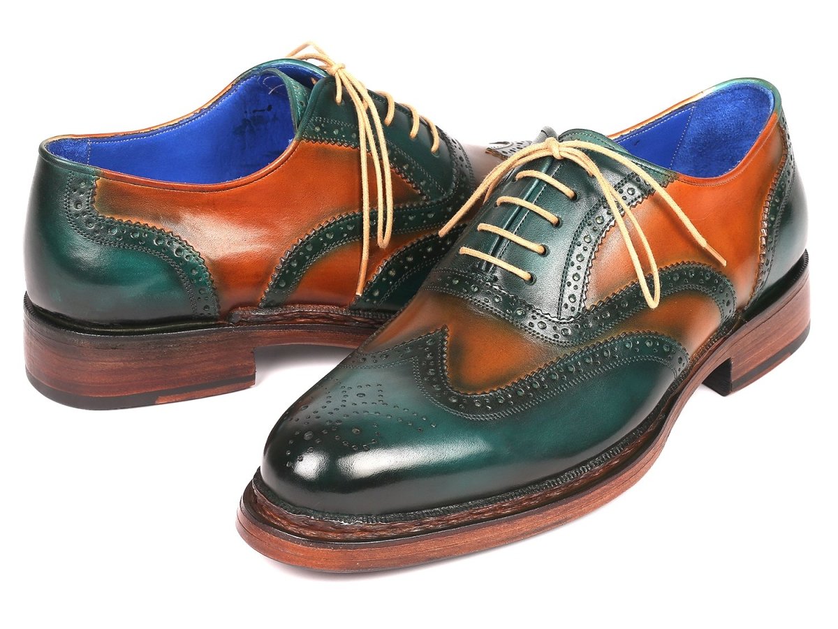 Paul Parkman Wingtip Oxfords Goodyear Welted in Green and Tobacco