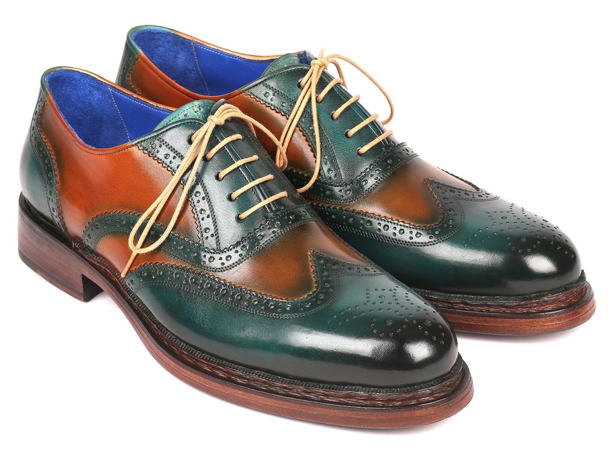 Paul Parkman Wingtip Oxfords Goodyear Welted in Green and Tobacco