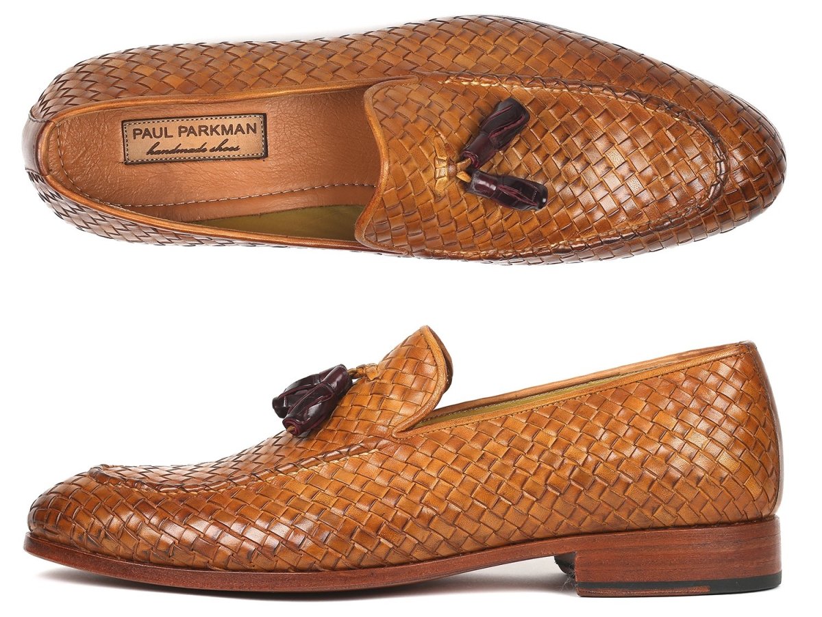 Paul Parkman Woven Leather Tassel Loafers Camel Colour (IDWVN44 CML)