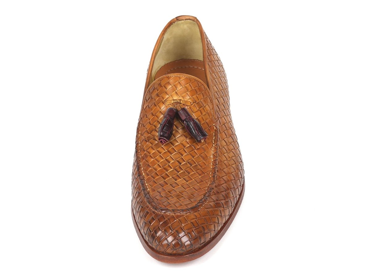 Paul Parkman Woven Leather Tassel Loafers in Camel