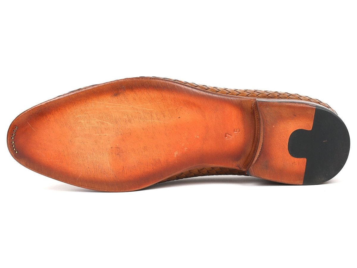 Paul Parkman Woven Leather Tassel Loafers in Camel