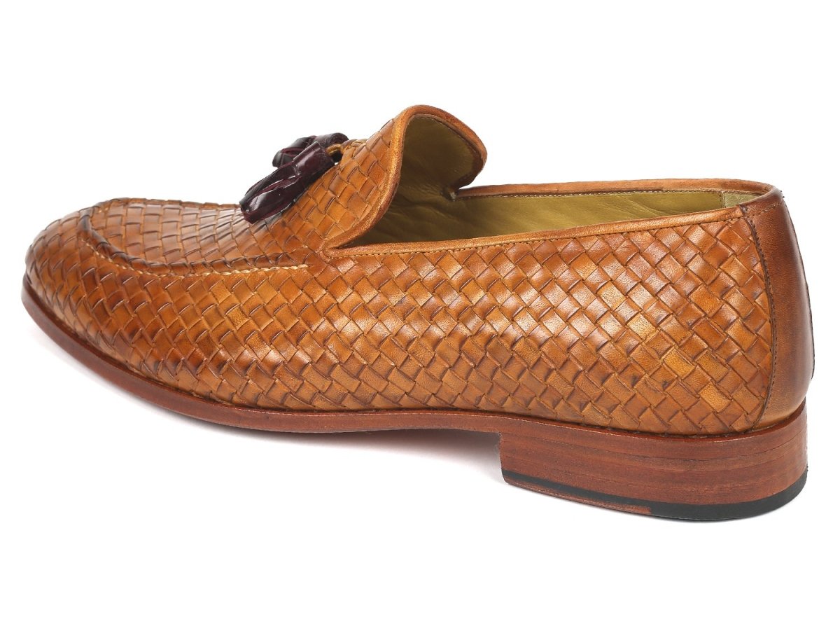 Paul Parkman Woven Leather Tassel Loafers in Camel