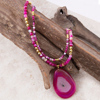 Pink Agate Golden Pendant Necklace