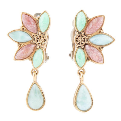 Pink Rhodonite Blue Amazonite and Varacite Petals Golden Clip Earrings