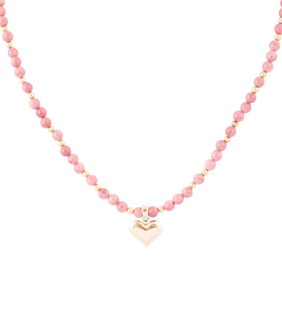 Pink Rhodonite and Golden Bronze Heart Pendant Necklace