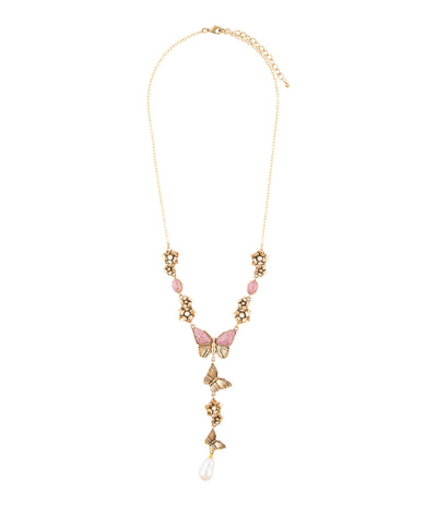 Pink Rhodonite and White Pearl Golden Butterflies Y Necklace