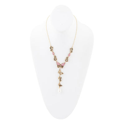 Pink Rhodonite and White Pearl Golden Butterflies Y Necklace
