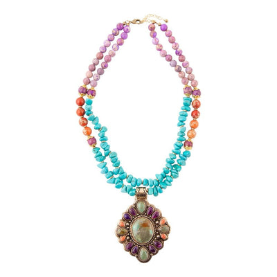 Prescott Blue Turquoise Purple and Orange Statement Pendant Golden Necklace
