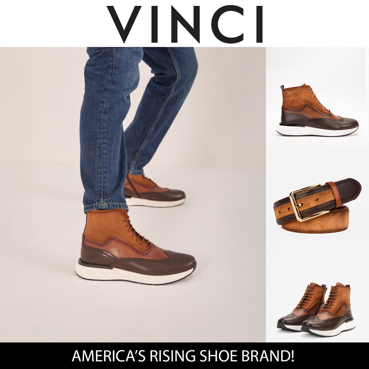 Vinci Leather The Regent Brown Leather Wingtip Brogue Men Casual Boot – product view 3
