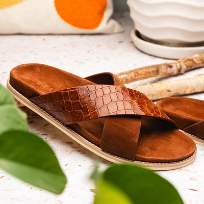 Zelli Italia 06-101-CGN RENA Italian Goatskin Suede Croc Embossed Slide Cognac Top View