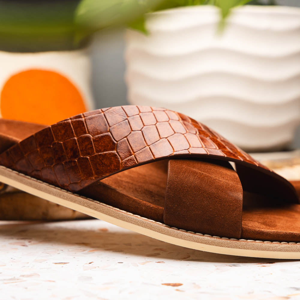 Zelli Italia 06-101-CGN RENA Italian Goatskin Suede Croc Embossed Slide Cognac Bottom View