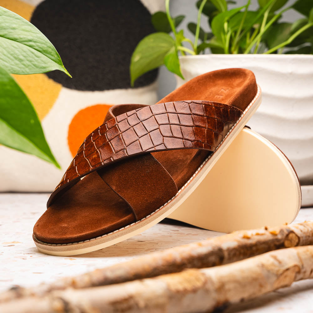 Zelli Italia 06-101-CGN RENA Italian Goatskin Suede Croc Embossed Slide Cognac Lifestyle View