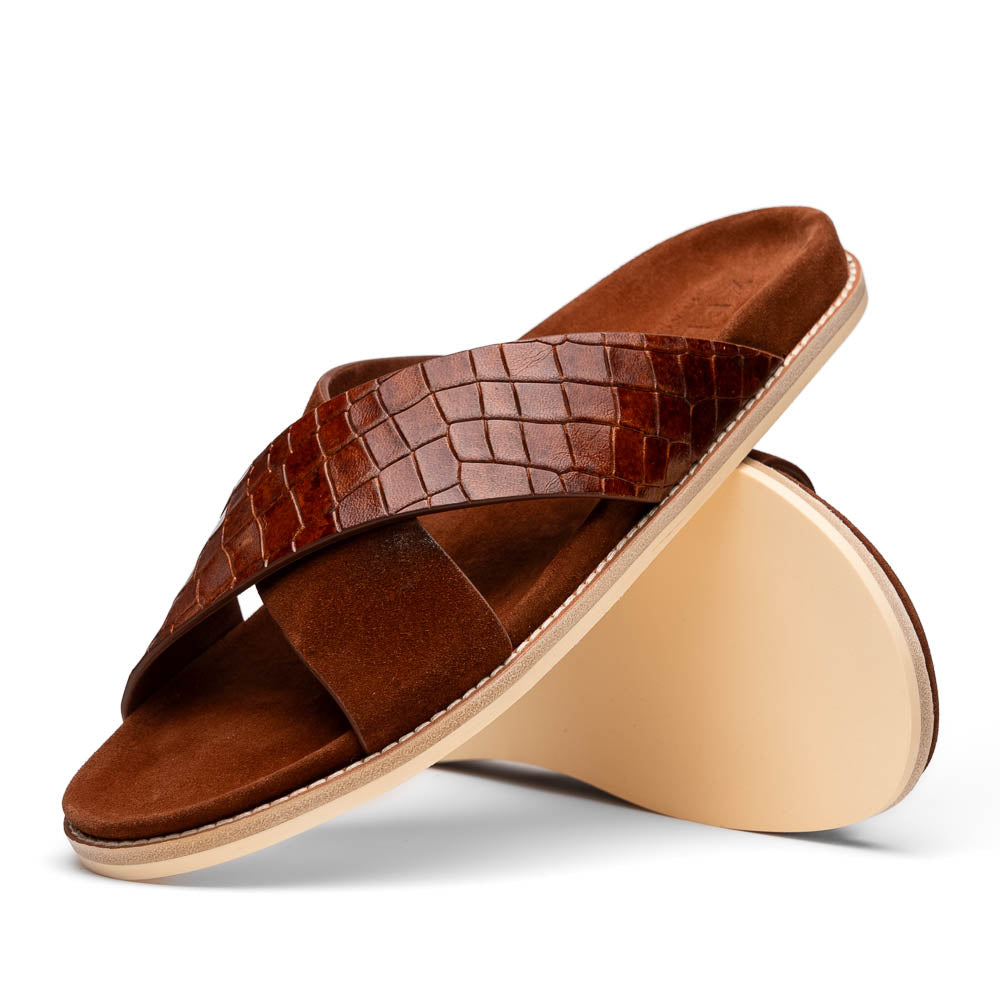 Zelli Italia 06-101-CGN RENA Italian Goatskin Suede Croc Embossed Slide Cognac Side View
