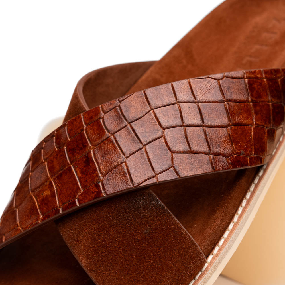 Zelli Italia 06-101-CGN RENA Italian Goatskin Suede Croc Embossed Slide Cognac Angled View