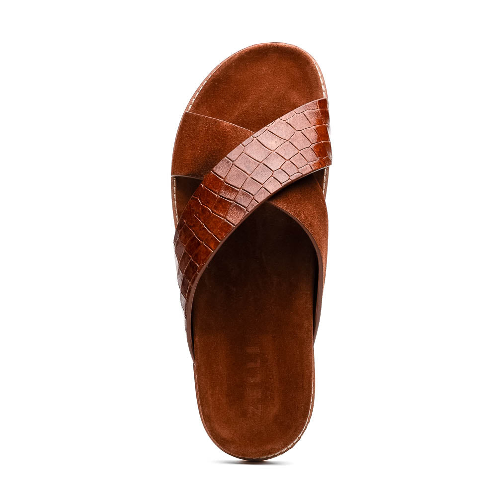 Zelli Italia 06-101-CGN RENA Italian Goatskin Suede Croc Embossed Slide Cognac Back View