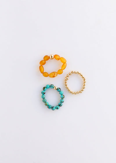 Natural Turquoise + 14k Gold Filled + Honey Amber || Ring Set Trio ||