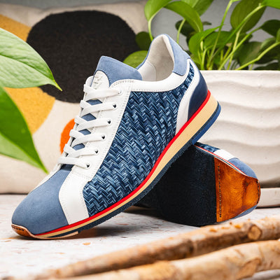 Zelli Italia Men's 65-375-BLU RIPI Calfskin Hand Weave Sneaker Blue