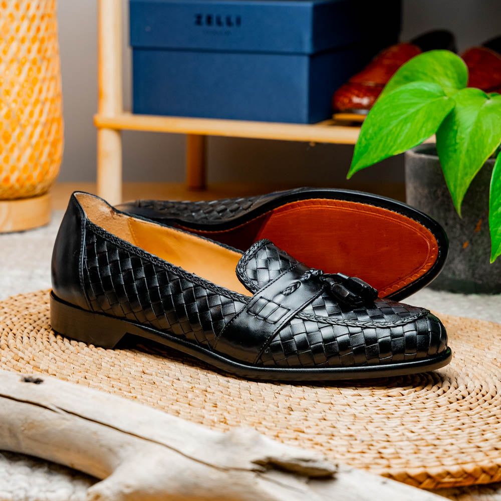 Zelli Italia 15-250-BLK RIVIERA Basketweave Calfskin Tassel Loafer, Black View 9