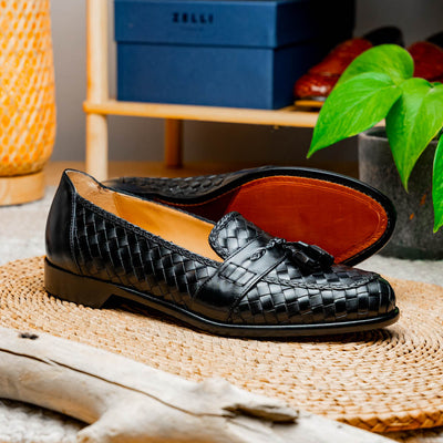 Zelli Italia 15-250-BLK RIVIERA Basketweave Calfskin Tassel Loafer, Black View 9