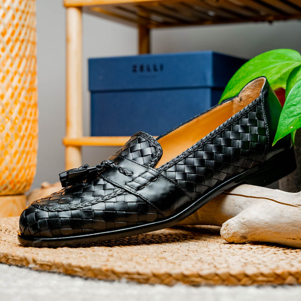 Zelli Italia 15-250-BLK RIVIERA Basketweave Calfskin Tassel Loafer, Black View 10