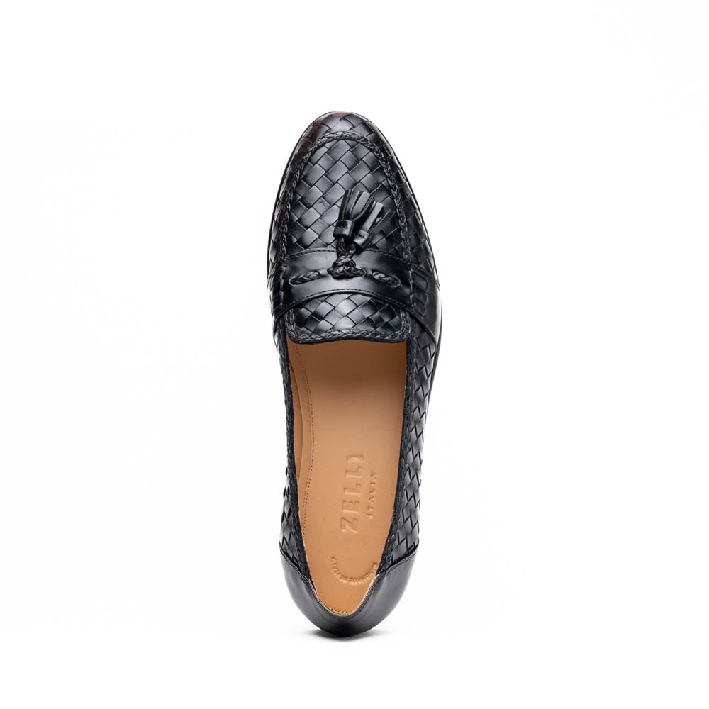 Zelli Italia 15-250-BLK RIVIERA Basketweave Calfskin Tassel Loafer, Black Back View