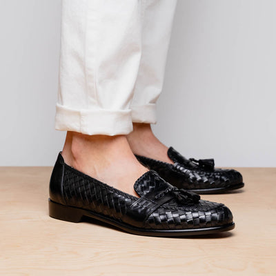 Zelli Italia 15-250-BLK RIVIERA Basketweave Calfskin Tassel Loafer, Black Top View