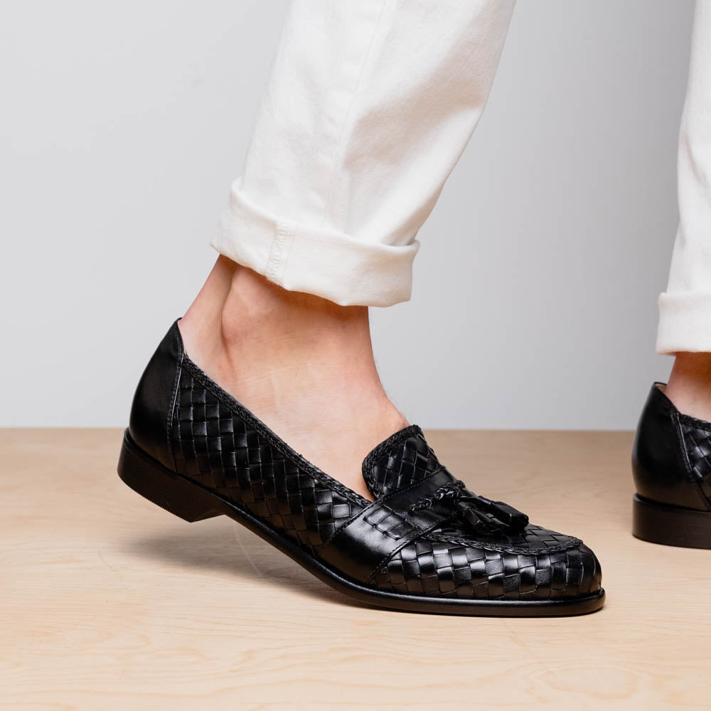 Zelli Italia 15-250-BLK RIVIERA Basketweave Calfskin Tassel Loafer, Black Bottom View