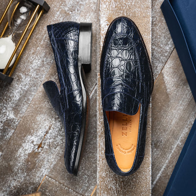 Zelli Italia 11-201-NVY ROMA Crocodile Penny Loafer, Navy View 11